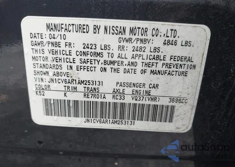 2010 Infiniti G37X z USA, uszkodzony, nr VIN JN1CV6AR1AM253131